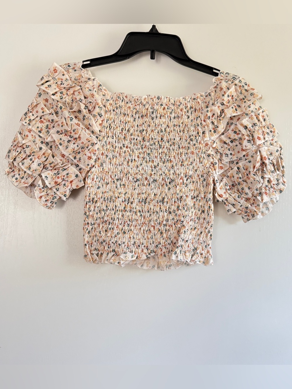Smocked Floral Ruffle Puff Sleeve Crop Top Lace Eyelet Fabric L Cottagecore